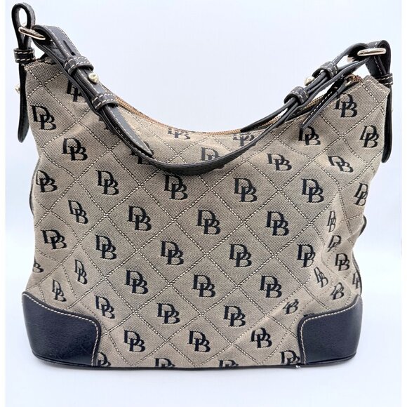 Dooney & Bourke Signature Logo Canvas Shoulder Bag Tan w/ Black Leather Trim - Picture 2 of 14
